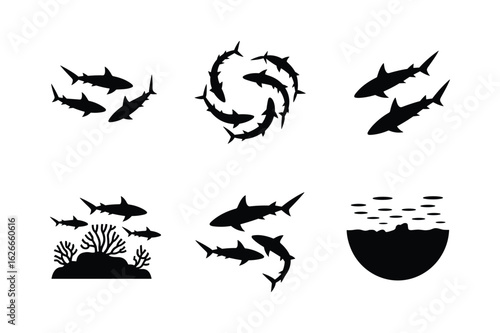 Black shark silhouettes swimming in various formations and underwater scenes white