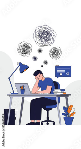 Overwhelmed student struggling with difficult assignments at a desk feeling stressed and confused by chaotic thoughts