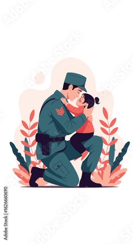 A soldier kneels to embrace his daughter showing love and affection returning home safely