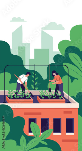 Urban rooftop gardeners cultivating fresh produce amidst cityscape views and lush greenery