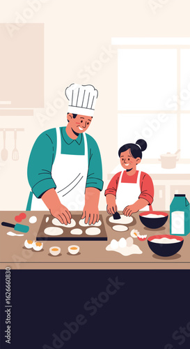 Father and daughter enjoying baking together in a bright kitchen learning culinary skills and creating delicious treats