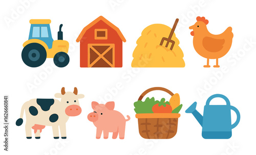 Farm Life Icons. Flat vector mini-illustrations farm life in colors children's illustrations: tractor, barn,