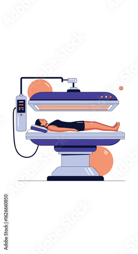 Person experiencing advanced medical treatment using modern therapeutic bed and light therapy technology