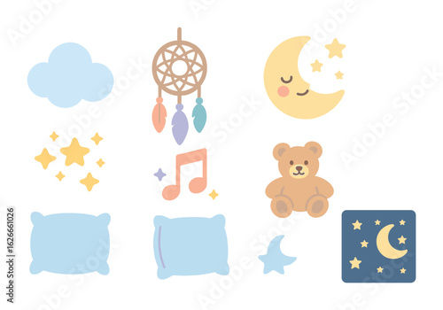 Bedtime Dream Icons. Flat vector mini-illustrations bedtime dreams in colors children's illustrations: fluffy