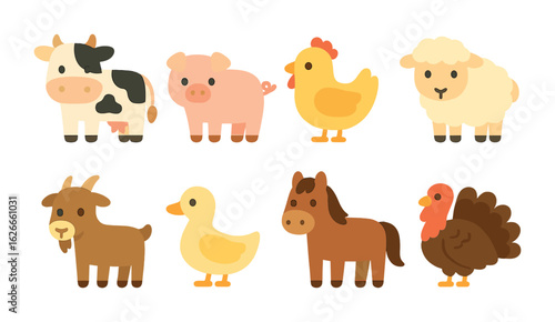 Farm Animal Icons. Flat vector mini-illustrations farm animals in colors children's illustrations: cow, pig,