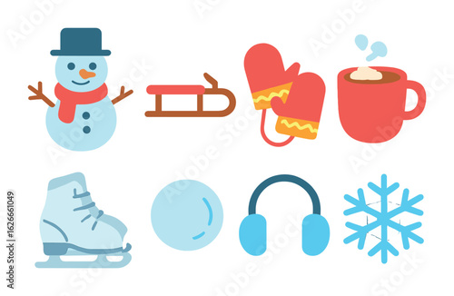 Winter Fun Icons. Flat vector mini-illustrations winter fun in colors children's illustrations: snowman, sled,