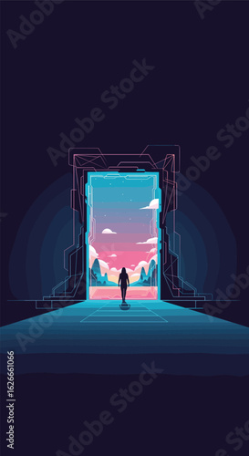 A lone figure walks towards a vibrant portal shimmering with otherworldly light under a twilight sky