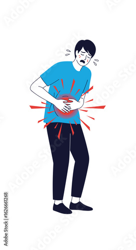 Man suffering from severe abdominal pain and discomfort with a grimacing expression and holding his stomach area