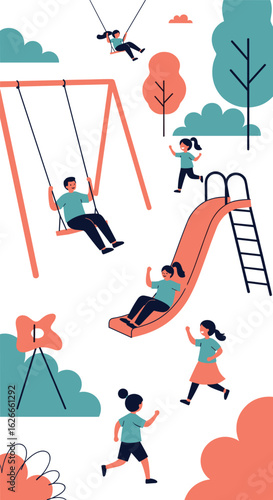 Joyful children enjoying outdoor activities at a vibrant playground