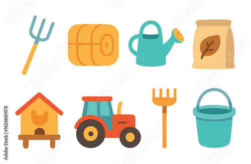 Farmyard Tools Icons. Flat vector mini-illustrations farmyard tools in colors children's illustrations: