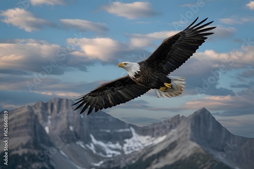 Bald eagle soars over the rocky mountain peaks in the wilderness