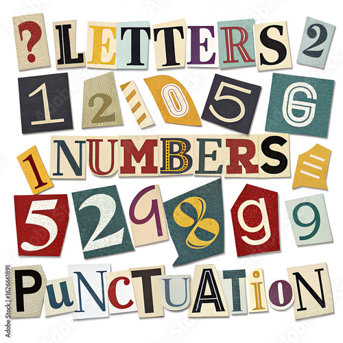 Collage of cut out letters numbers and punctuation marks from newspapers