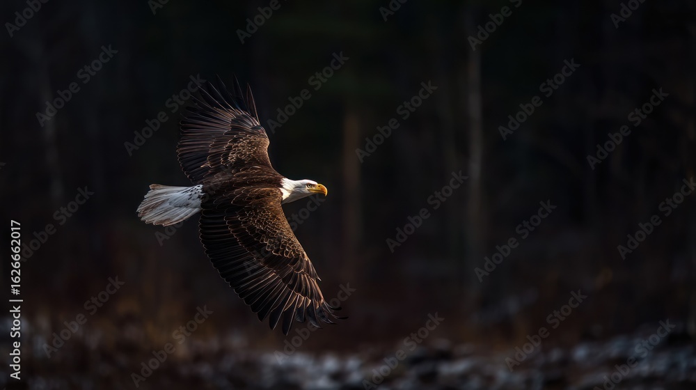 Obraz premium Bald eagle soaring through forest