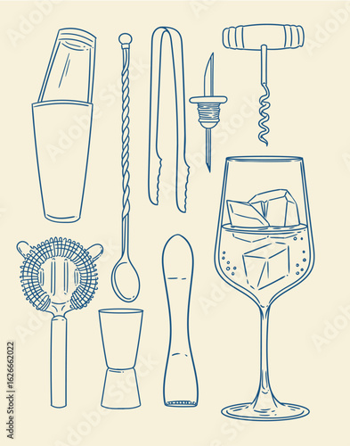 Set of original hand-drawn cocktail illustrations in a minimalist, linear style. Cocktail and alcoholic beverage preparation tools for posters, cards, bartending, bars, cocktails, and graphic design.