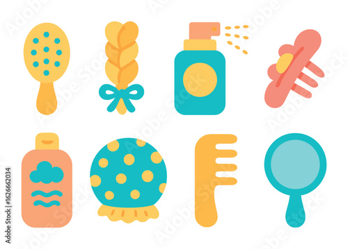 Kids Hair Spa Icons. Flat vector mini-illustrations kids hair spa in colors children's illustrations: