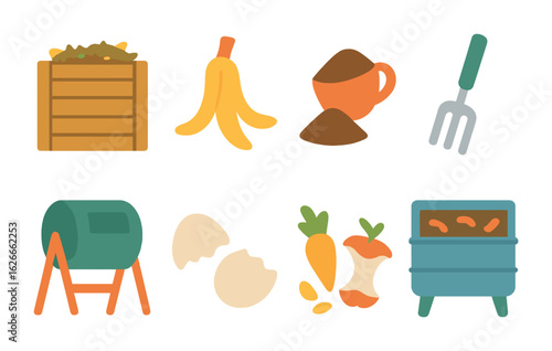 Colorful Garden Compost Icons. Flat vector mini-illustrations composting for gardens in colors children's