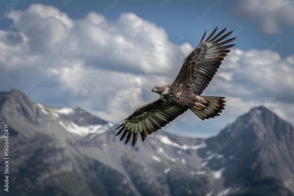 Fototapeta premium Golden eagle soars gracefully over the majestic mountain range in the sky