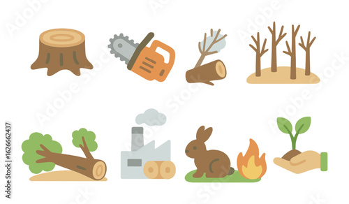 Deforestation Icons Grid. Flat vector mini-illustrations deforestation and climate impact in colors children's