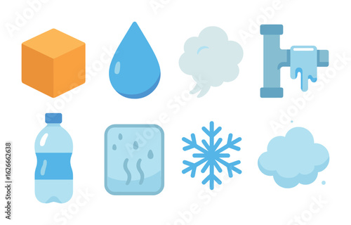 States of Matter Icons. Flat vector mini-illustrations states of matter in colors children's illustrations: