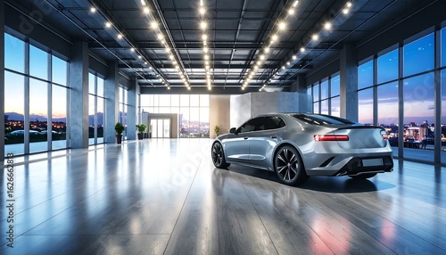 Modern car showroom, city view