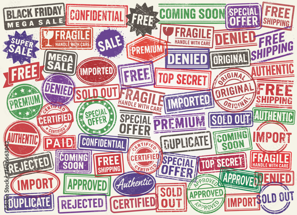 Obraz premium Collection of various grunge style retro stamps. Vintage text rubber stamp set. Denied, fragile, free, top secret, sold out, coming soon, approved. Vector illustration. Isolated on white background.