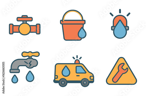 Emergency Plumbing Icons. Flat vector mini-illustrations emergency plumbing in colors children's illustrations
