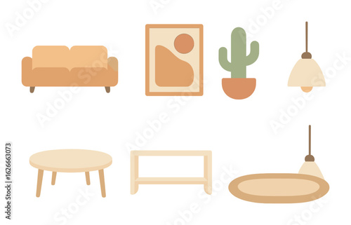 Minimalist Interior Icons. Flat vector mini-illustrations modern minimalist interior in colors children's
