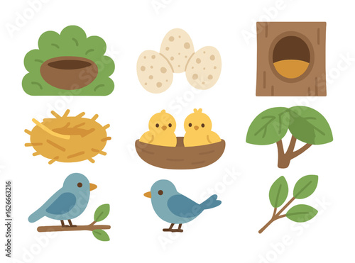 Bird Nests and Eggs. Flat vector mini-illustrations bird nests and eggs in colors children's illustrations: