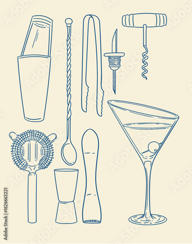 Set of original hand-drawn cocktail illustrations in a minimalist, linear style. Cocktail and alcoholic beverage preparation tools for posters, cards, bartending, bars, cocktails, and graphic design.