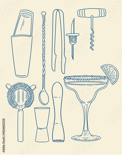 Set of original hand-drawn cocktail illustrations in a minimalist, linear style. Cocktail and alcoholic beverage preparation tools for posters, cards, bartending, bars, cocktails, and graphic design.