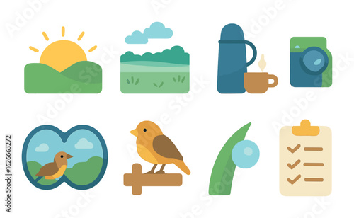 Sunrise Birdwatching Adventure. Flat vector mini-illustrations sunrise birdwatching trip in colors children's