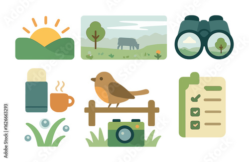 Sunrise Birdwatching Adventure. Flat vector mini-illustrations sunrise birdwatching trip in colors children's