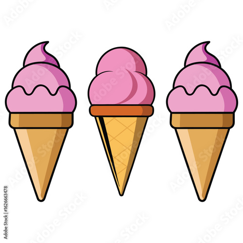 Three stylized ice cream cones showcase strawberry and vanilla flavors on white