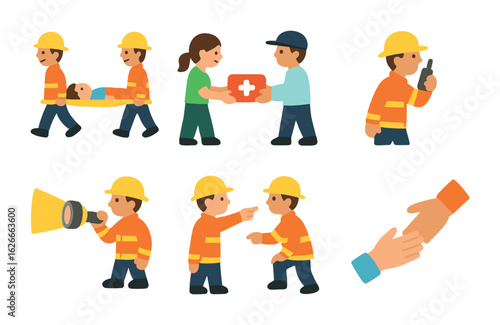 Rescue Team Icons. Flat vector mini-illustrations emergency rescue teamwork in colors children's illustrations