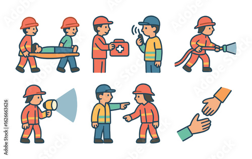 Rescue Team Icons. Flat vector mini-illustrations emergency rescue teamwork in colors children's illustrations