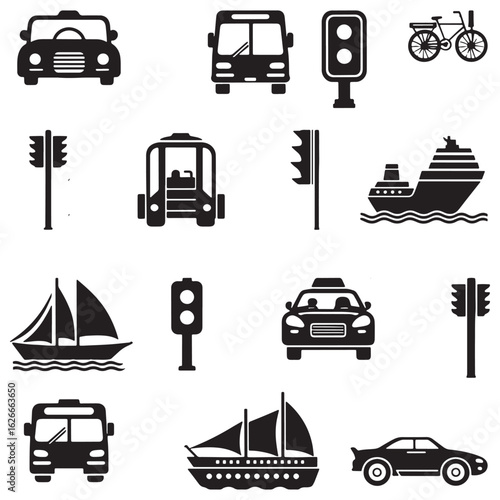 Transportation methods are represented with cars, traffic lights, boats, and buses on a white background