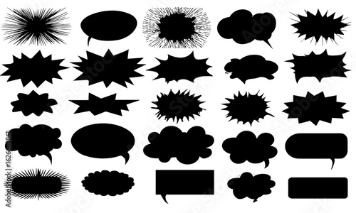 Vector silhouettes of comic bursts, speech bubbles, and text boxes, essential retro pop art elements for comic design, dialog highlights, cartoon outlines, creative storytelling panels, banners