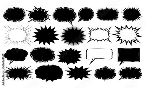 Retro style comic bursts, speech bubble and dialog box silhouettes in vector format, perfect graphic elements for pop art comics, cartoon speech, dialog highlights, expressive storytelling