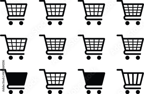 Twelve Shopping Cart Icons Silhouette Set Various Styles for Online Retail Free Vector