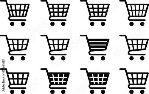 Twelve Shopping Cart Icons Silhouette Set Various Styles for Online Retail Free Vector