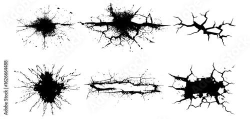 Abstract cracked fissure silhouettes, shattered glass damage, fractured surface, jagged burst explosion, rough scratch texture, broken fractures, grunge distress holes, impact destruction vector