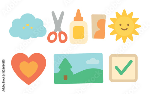 Children's Wellness Icons. Flat vector mini-illustrations Wellness vision board in colors children's