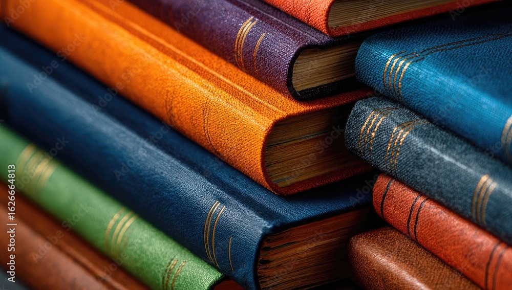 Close-up of stacked leather-bound books in various colors Close-up of stacked leather-bound books in various colors