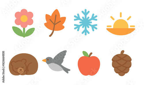 Seasonal Rhythms Icons. Flat vector mini-illustrations Seasonal biological rhythms in colors children's
