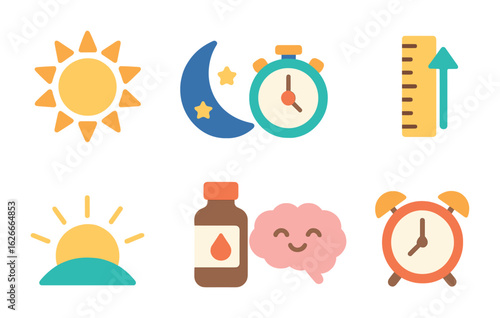 Hormone Icon Grid. Flat vector mini-illustrations Time and hormones in colors children's illustrations:
