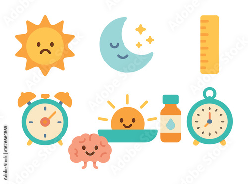 Hormone Icon Grid. Flat vector mini-illustrations Time and hormones in colors children's illustrations: