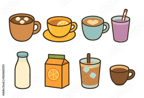 Colorful Breakfast Drinks. Flat vector mini-illustrations Breakfast drinks and cups in colors children's