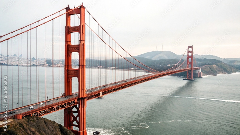 Obraz premium Golden Gate Bridge: Iconic San Francisco Landmark, Serene Morning View, Traffic Flowing