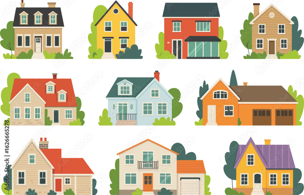 Fototapeta premium House exterior front view residential town building set 