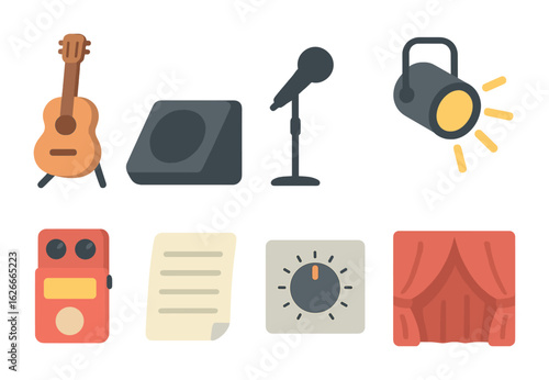 Stage Setup Icons. Flat vector mini-illustrations Stage performance prep in colors children's illustrations: